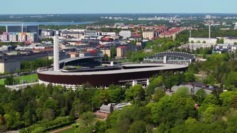 Cinematic-Orbiting-Aerial-View-Above-Helsinki-Olympic-Stadium