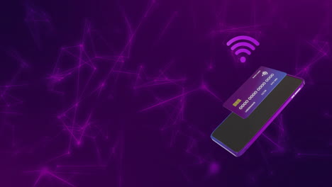 Animation-of-smartphone-and-credit-card-with-data-over-purple-background
