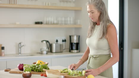 Una-Mujer-Caucásica-Madura-Con-El-Pelo-Largo-Y-Gris-Preparando-Comida-En-La-Cocina