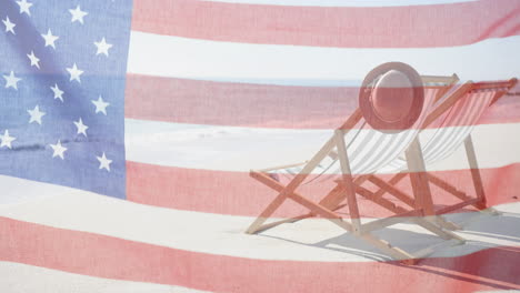 Animation-of-american-flag-over-two-deckchairs-and-sunhat-on-sunny-beach