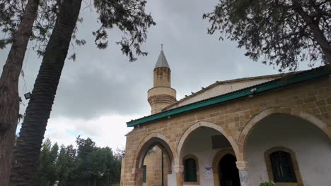 A-view-of-a-mosque-in-Nicosia,-Cyprus,-framed-by-tall-trees