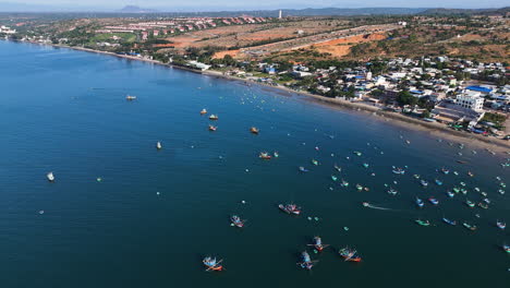 Mui-Ne-Fishing-Village-In-Phan-Thiet,-Vietnam,-High-Aerial-Flyover-Landmark-Attraction-In-Southeast-Asia