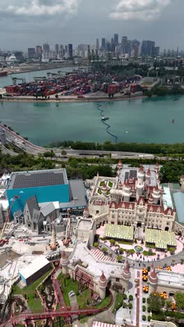 Aerial-View-of-Universal-Studios-Theme-Park-in-Singapore,-vertical