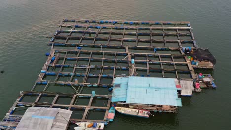 Drone-low-flyover-and-around-a-traditional-floating-fish-farms-on-calm-waters,-the-wooden-structures-with-cages-and-nets-are-used-for-aquaculture