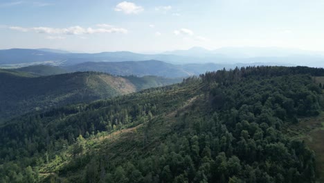 Mountain-landscape-during-a-summer-day-with-mountains-peaks,-forest,-lush-greenery-and-trees