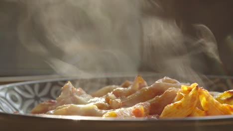 Steam-Rising-in-Slow-Motion-from-Fresh-Penne-Tomato-Pasta