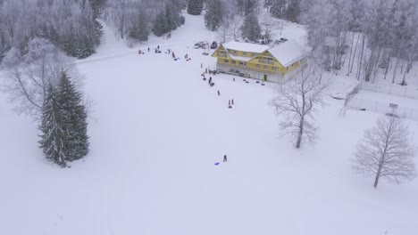 Aerial-shot-of-people-sliding-down-from-hill-and-then-walking-back-up,-winter-wonderland-in-Estonia