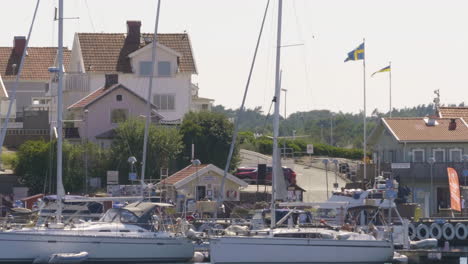 Sailing-Boats-Docked-at-Karlskrona-Harbour,-Sweden