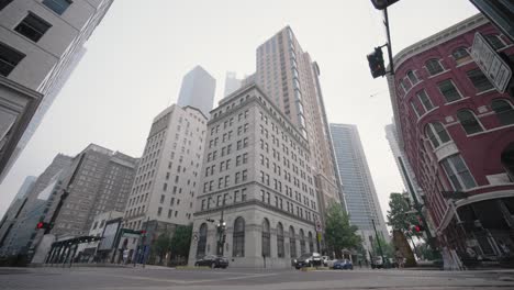 Low-angle-wide-shot-of-buildings-in-downtown-Houston,-Texas