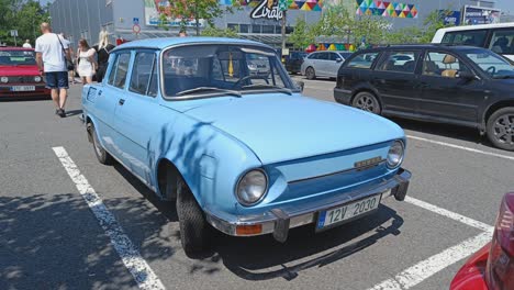 Blue-Skoda-100-Czech-cheap-vehicle-from-1970s-at-vintage-car-show-in-Ostrava