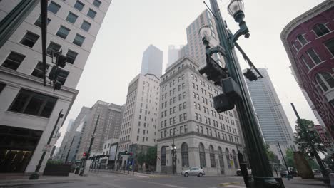 Low-angle-wide-shot-of-buildings-in-downtown-Houston,-Texas