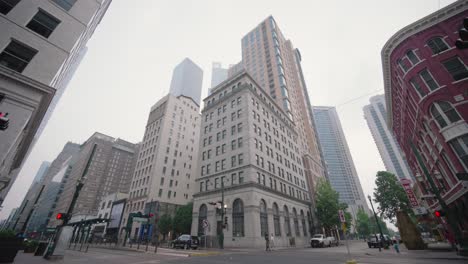 Low-angle-wide-shot-of-buildings-in-downtown-Houston,-Texas