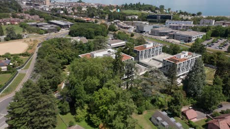 Beautiful-aerial-of-a-luxury-apartment-building-on-a-sunny-day-in-Switzerland