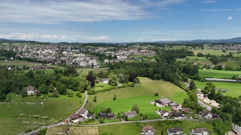 Malerische-Luftaufnahme-Der-Landschaft-Von-Hombrechtikon-Mit-üppigen-Grünen-Feldern-Und-Der-Entfernten-Stadt