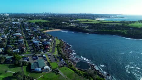 Landschaft,-Küstenansicht-Von-Malabar-Beach,-Stadt,-Ozean,-Wellen,-Bucht,-Straßen,-Häuser-In-Maroubra,-Randwick,-Sydney,-Stadt,-Australien,-Drohnenluftaufnahme