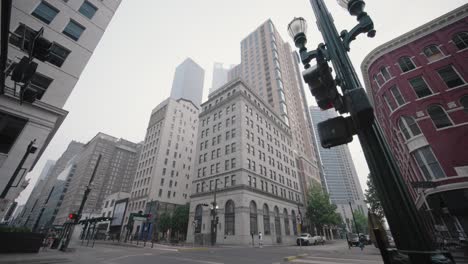 Low-angle-wide-shot-of-buildings-in-downtown-Houston,-Texas