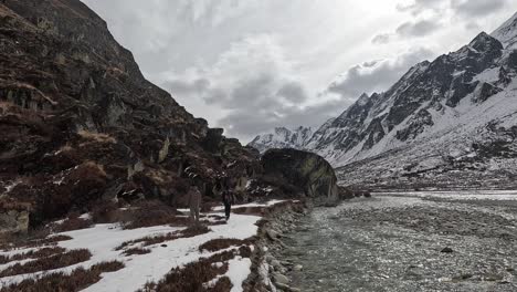 Following-hikers-along-the-banks-of-langtang-River-in-snow