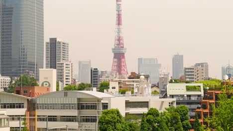 Inclinación-Lenta-Hacia-El-Hermoso-Horizonte-De-La-Ciudad-Con-La-Torre-De-Tokio