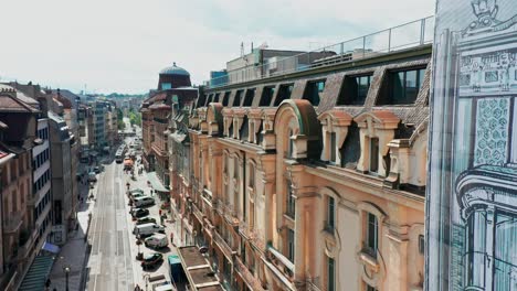 Beautiful-jib-down-of-a-monumental-building-in-the-city-center-of-Geneva,-Switzerland