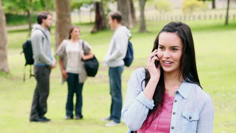 Woman-smiling-while-talking-on-a-phone-as-her-friends-have-a-discussion-in-the-background