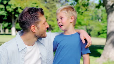 Junge-Diskutiert-Mit-Seinem-Vater,-Während-Sie-Sich-In-Einem-Park-Umarmen