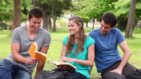 Man-shows-a-book-to-his-friends-while-smiling-as-they-sit-together-in-a-park