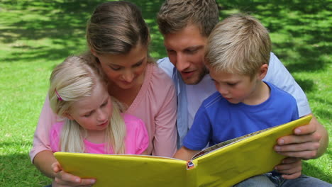 Familie,-Die-Zusammen-Sitzt-Und-Ein-Buch-Liest,-Bevor-Sie-Beim-Umblättern-In-Die-Kamera-Blickt