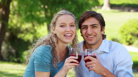 A-couple-sit-and-talk-as-they-clink-their-wine-glasses-and-then-look-at-the-camera
