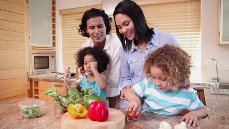 Familie-Bereitet-Salat-Zu