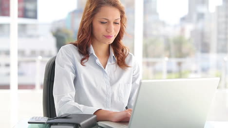 Secretaria-Sonriente-Usando-Una-Computadora-Portátil