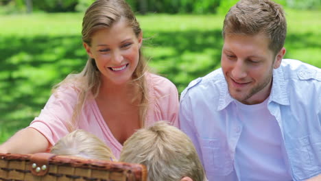 Zwei-Kinder-Greifen-In-Einen-Picknickkorb,-Während-Sie-Mit-Ihren-Eltern-Im-Gras-Sitzen