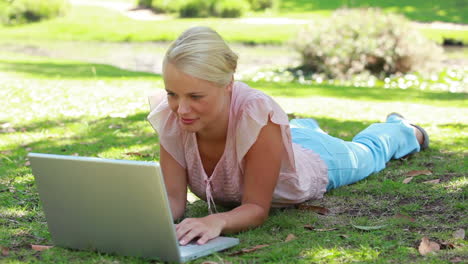 Die-Kamera-Verlagert-Den-Fokus-Vom-Park-Auf-Eine-Frau,-Die-An-Ihrem-Laptop-Sitzt-Und-Liest