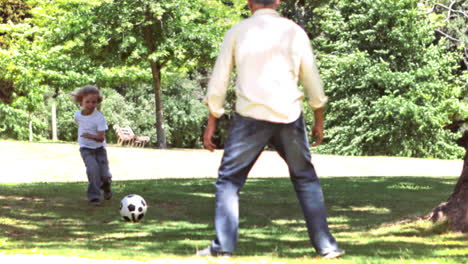 Father-and-son-in-slow-motion-playing-soccer