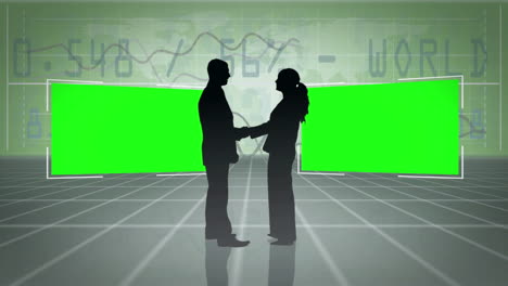 Silhouettes-of-people-shaking-hands-with-two-screens-in-chroma-key