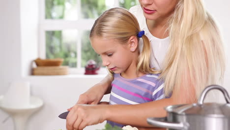 Focused-mother-teaching-cutting-vegetables