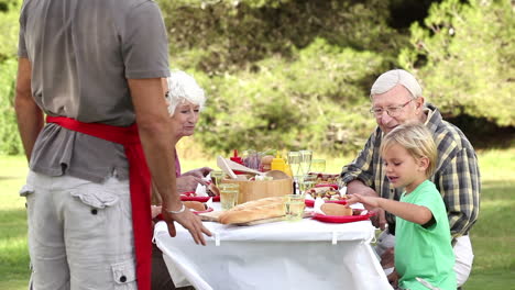 Padre-Sirviendo-Comida-A-Su-Hijo-En-Una-Mesa-De-Picnic.