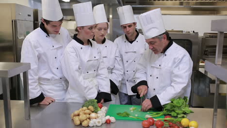 Cooks-standing-in-a-kitchen-and-learning-to-slice-vegetables