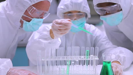 Chemist-adding-green-liquid-to-test-tubes-with-two-other-chemists-watching