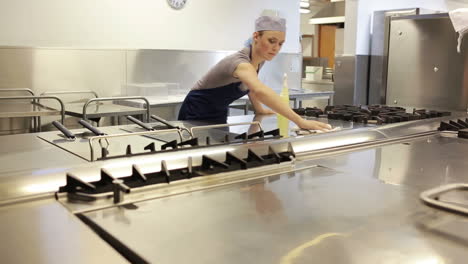 Cleaner-cleaning-a-counter-in-a-kitchen