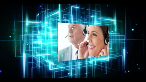 Animation-showing-typing,-call-centre-and-business-woman-presenting-icon