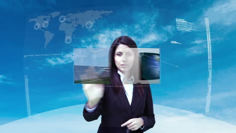 Businesswoman-using-interactive-touchscreen-interface