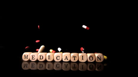 Different-tablets-rolling-over-dice-spelling-medication