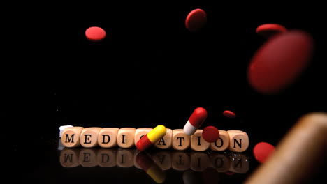 Pills-falling-and-rolling-over-dice-spelling-medication