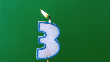 Three-birthday-candle-flickering-and-extinguishing-on-green-background