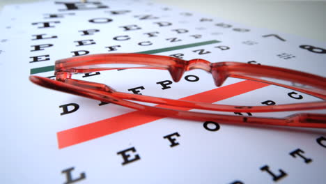 Red-reading-glasses-falling-onto-eye-test-close-up
