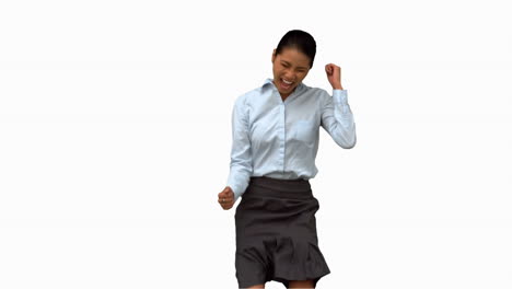 Cheerful-businesswoman-gesturing-on-white-screen