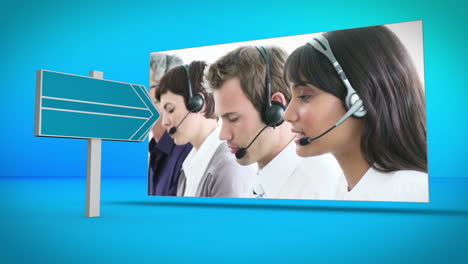 Business--Und-Callcenter-Montage-Auf-Blauem-Hintergrund