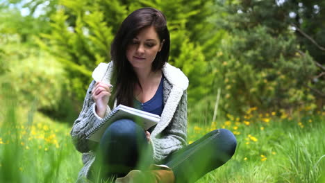 Woman-sitting-on-grass-writing-on-a-notebook