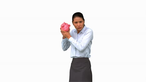 Geschäftsfrau-Schüttelt-Ein-Leeres-Sparschwein-Auf-Weißem-Bildschirm