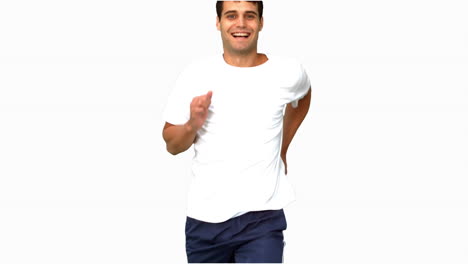 Cheerful-man-jogging-on-white-screen-